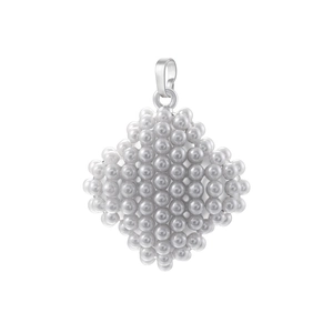 Detailed close-up of a diamond-shaped pearl pendant with small white pearls and silver clasp