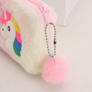 Pink gradient plush unicorn pencil case with soft fur pom-pom and metal zipper detail
