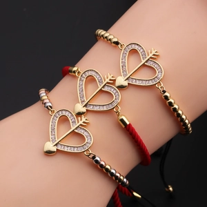 Heart Arrow Pendant Bracelet Copper Zircon Micro Pave Adjustable Braided Rope Jewelry Valentine Gift For Women