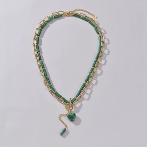 Collier à maillons en or 14K avec pendentif cœur vert et fermoir à bascule en T