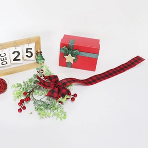 Close-up of Christmas set with red gift box, eucalyptus bow and December 25th calendar