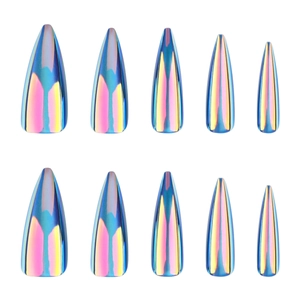 Holographic stiletto press-on nails with blue metallic chrome finish for women