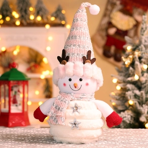 Detailed plush snowman with pink sequin hat and reindeer antlers for Christmas decor
