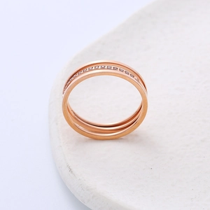 Three-layered rose gold plated titanium steel ring with sparkling zircon inlay for women