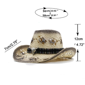 Western straw cowboy hat with ethnic band and bull head decor in beige and brown