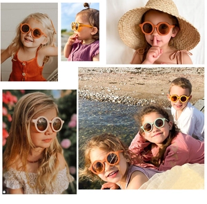 Close-up of lightweight round frame sunglasses for kids in various summer colors