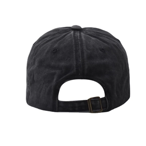Detail of vintage washed black cotton baseball cap showing back metal buckle strap