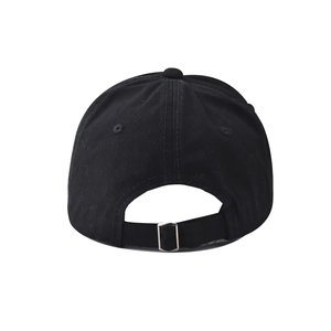 Close-up of black cotton baseball cap with adjustable silver metal buckle at the back