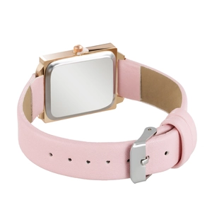 Detailed back view of a square gold watch case with pink leather strap and buckle