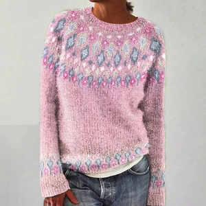 Women Knitted Pullover Sweater Round Neck Long Sleeve Geometric Jacquard Fair Isle Pattern Casual Loose Tops