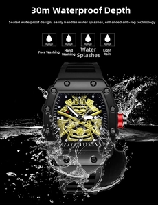 Detail of tonneau sport watch with samurai relief showing 30m water resistance in water