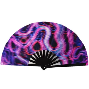 10-inch bamboo folding fan with colorful glowing wave pattern and black frame