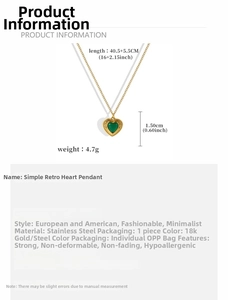 Detail view of heart pendant size dimensions and 18K gold plated stainless steel specs
