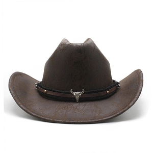 Vintage dark brown western cowboy hat with leather texture and silver bull skull detail