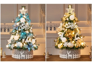 Detailed comparison of 60cm mini Christmas trees in blue and gold themes for tabletop decor
