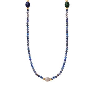 Baroque French vintage beaded necklace with blue and grey natural stones and gold accents