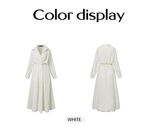 Front and back view of elegant white short sleeve long dress with lapel and A-line waist