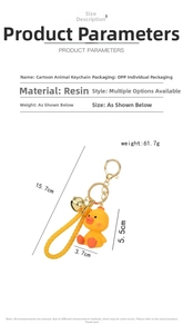Detailed view of yellow resin cartoon duck keychain with hand-woven yellow strap and bell