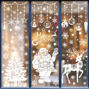 Christmas Snowflake Static Cling Window Stickers White Santa Reindeer Glass Decals For Holiday Party Home Shop Decoration