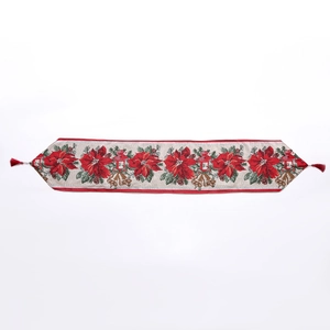 Christmas knitted table runner with festive poinsettia patterns and red tassels