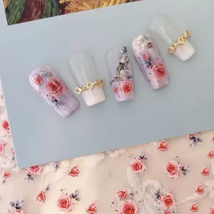 Purple marble press-on nails set with red roses and gold diamond studs FS-028