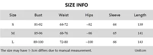 Detaillierte Größentabelle für langärmeliges Schlitz-Maxikleid mit S-L Maßen in cm