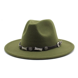 Close-up of olive wool fedora with a star-studded leather band and metal details