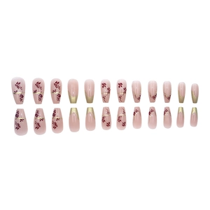 Pink gradient coffin press-on nails with red rose floral art and gold glitter lines