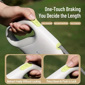 Retractable pet leash with ergonomic handle and one-button lock on green grass