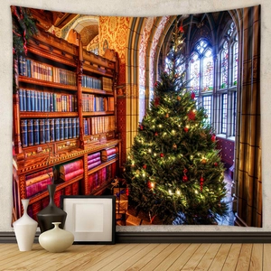Detail of Christmas library tapestry featuring vintage bookshelf and a festive tree