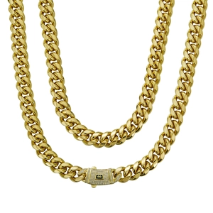 Detail of 14K gold plated stainless steel Cuban chains with iced-out pave square clasp