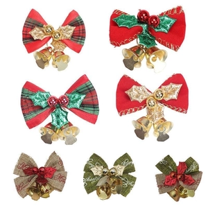 Set of 7 Christmas bows with bells and holly berries on a clean white background
