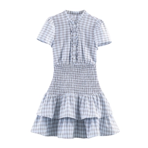 Plaid Smocked Waist Mini Dress With Ruffled Trim And Tiered Hem Short Sleeve Sweet Lolita Style