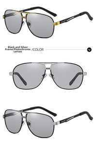 Detail of aviator photochromic sunglasses with black silver frame and dual-bridge structure