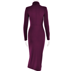 Vue arrière d'une robe mi-longue violet foncé moulante à col montant et manches longues