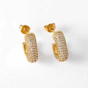 Elegant geometric gold-plated copper earrings with micro-set zircon crystals in a half-hoop design