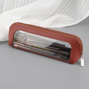 Brown faux leather makeup brush case with transparent window and metal zipper closure
