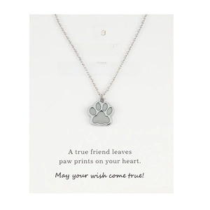 Luminous dog paw pendant necklace in stainless steel on message gift card