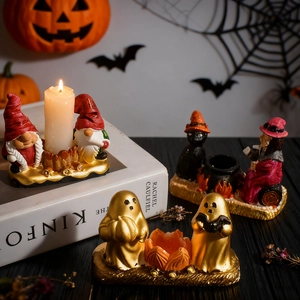 Halloween gnome and ghost candle holder set with witch and black cat resin ornaments