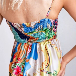 Floral print satin slip dress with high waist and stretchy smocked back detail