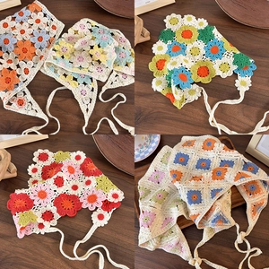 French Retro Hand Crochet Floral Triangle Bandana For Women Sweet Cute Knitted Hair Scarf Pastoral Style Head Wrap Hairband