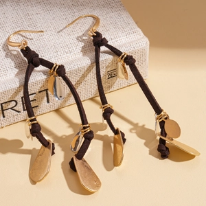Bohemian long tassel drop earrings with matte metallic sequins and woven brown cord
