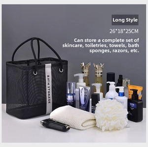 Detailed view of black mesh bath storage bag with 26x18x25CM large capacity sizing