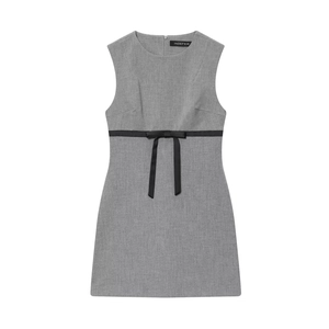 Elegant Grey Sleeveless Mini Dress Round Neck Polyester A-Line Casual Party Outfit With Black Satin Bow For Women