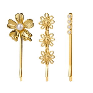 Lot de 3 barrettes à cheveux élégantes en or 18 carats avec fleurs et perles pour femmes