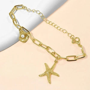 Golden starfish and shell pearl bracelet with chunky link chain for women fashion