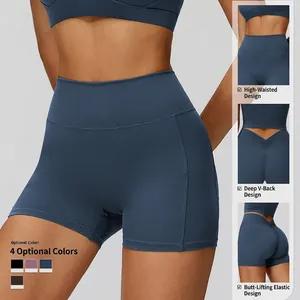 Women's high waist yoga shorts with scrunch butt lift design in navy blue color