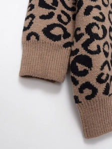 Close-up of leopard print knit fabric and ribbed cuffs on a V-neck sweater