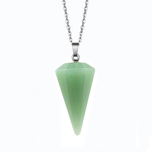 Macro shot of green hexagonal cone crystal pendant on a fine silver metal chain