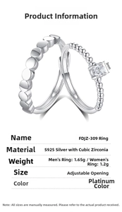 Detail of S925 silver couple rings featuring cubic zirconia and adjustable open bands